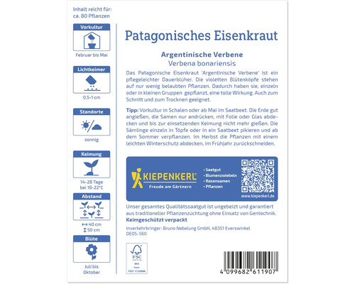 Informationen zum Patagonischen Eisenkraut Argentinische Verbene auf einer Verpackung.