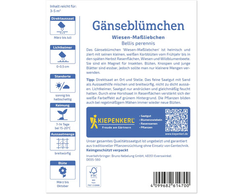 Samenpackung Gänseblümchen mit Informationen zu Aussaat, Standort und Blütezeit