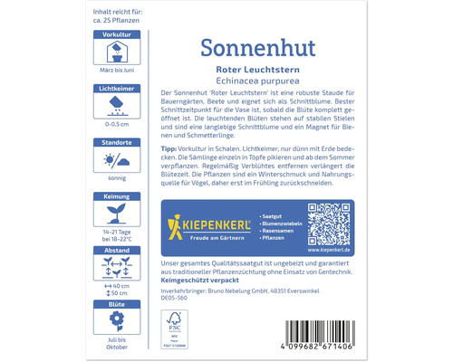 Samenpackung Sonnenhut Roter Leuchtstern Echinacea purpurea mit Hinweisen zu Vorkultur, Standort, Keimung, Abstand und Blütezeit.