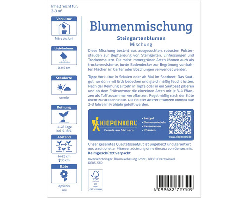 Blumensamenmischung für Steingartenblumen mit Informationen zu Vorkultur, Keimung, Standort und Blütezeit