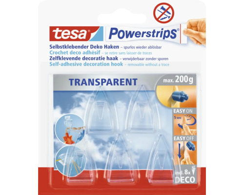 Tesa Powerstrips Dekohaken, selbstklebend und spurlos ablösbar, transparente Ausführung, maximale Last 200 Gramm, 8 Stück