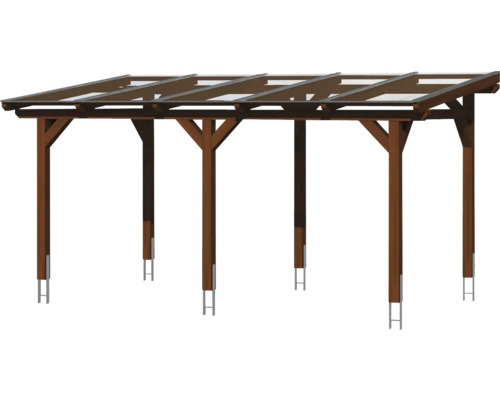 Holzcarport mit sechs Stützen und transparentem Dach