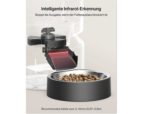 Automatischer Futterautomat mit Infraroterkennung und Futternapf gefüllt mit Futter