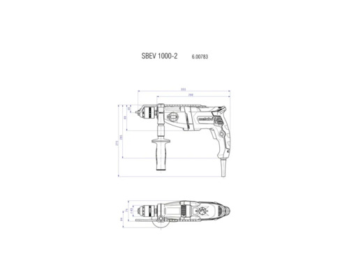 Technische Zeichnung einer Metabo Schlagbohrmaschine mit Maßangaben.