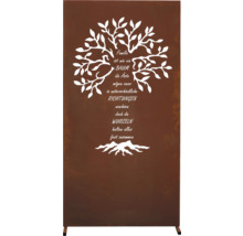 Dekorative Sichtschutzwand aus Metall mit Baumdesign und Familienspruch