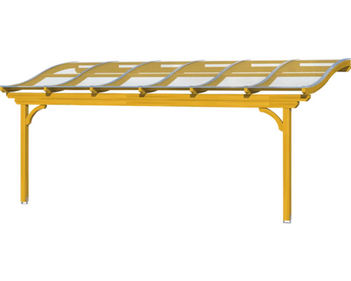 Holzcarport mit geschwungener Dachform und transparenter Bedachung