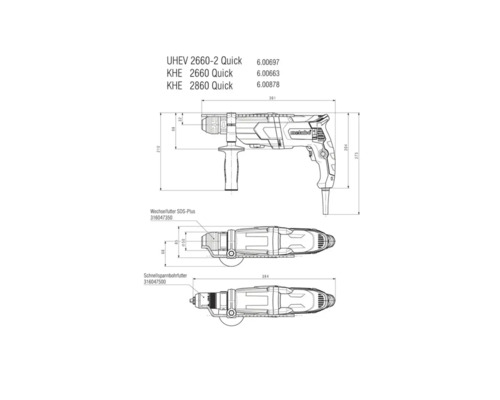 Technische Zeichnung eines Bohrhammers mit Maßangaben