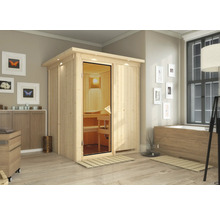 Plug & Play Sauna Karibu Achat I ohne Ofen mit Dachkranz und bronzierter Ganzglastüre