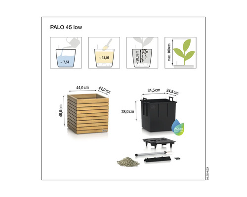 Produktinformationen Pflanzkasten Palo 45 Low mit Maßangaben und Füllmengenangaben