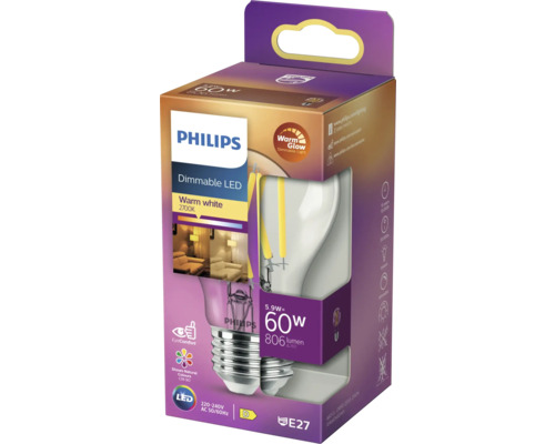 Philips LED-Lampe, dimmbar, 5,9 Watt mit E27-Fassung in Produktverpackung