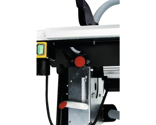 Detailansicht einer Metallbandsäge mit rotem Bedienknopf und Skalaanzeige