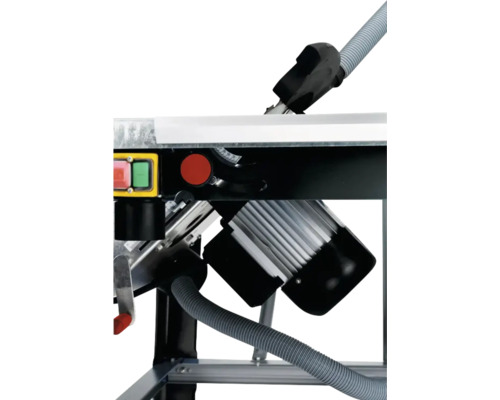 Detailansicht einer Tischkreissäge mit Absaugvorrichtung und Bedienelementen