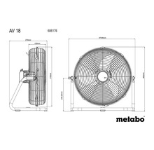 Maßzeichnung eines Ventilators mit den Maßen 270 mm, 120 mm, 418 mm, 476,6 mm, 460 mm und 239,25 mm sowie das Metabo Logo
