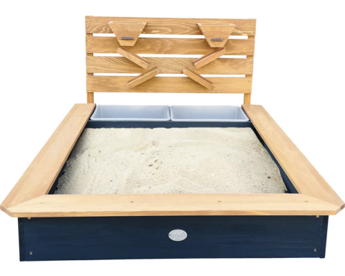 Sandkasten aus Holz mit zwei Sand Trichtern und zwei Kunststoffbehältern