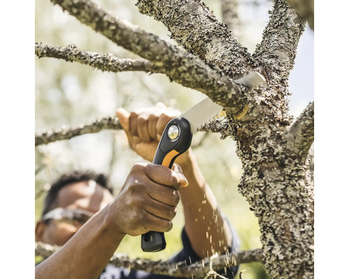 Eine Person sägt einen Ast mit einer Handsäge.