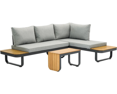 Gartensitzgruppe mit Ecksofa, Kissen und Tisch