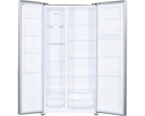 Geöffneter Side-by-Side Kühlschrank mit Regalen und Schubladen