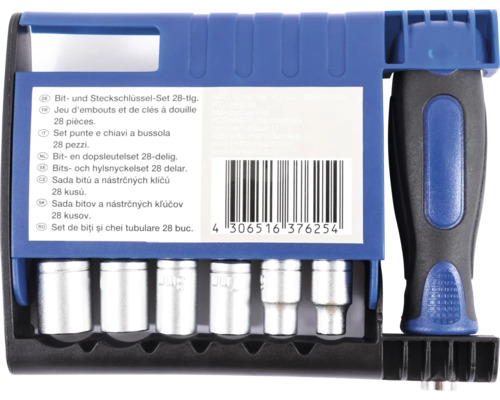 28-piece bit and socket wrench set in a blue and black case
