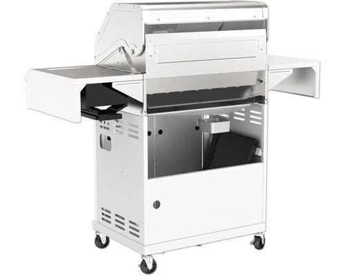 Grillwagen aus Metall mit Seitenablagen und Rollen