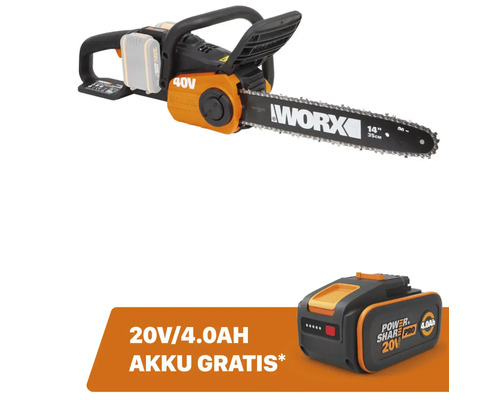 Akku-Kettensäge WORX 40V (2 x 20V) 35cm WG384E.9 + GRATIS Zugabeartikel 20V Akku WA3644 (4,0Ah)