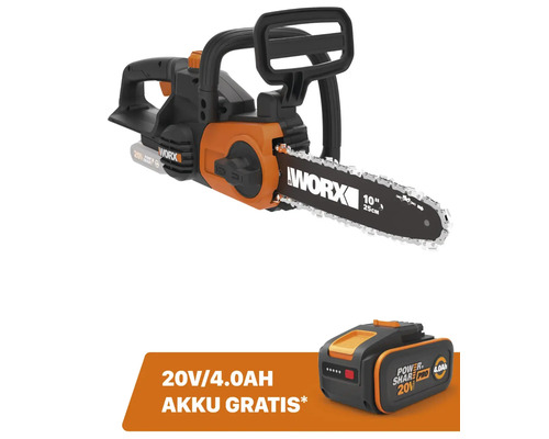 Akku-Kettensäge WORX 20V 25cm WG322E.9 + GRATIS Zugabeartikel 20V Akku WA3644 (4,0Ah)