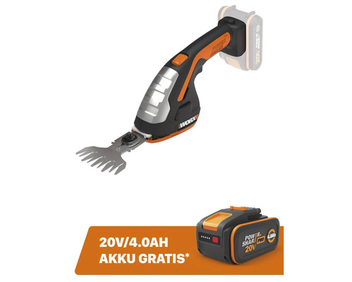 Akku-Gras- und Strauchschere WORX 20V 12cm/20cm WG801E.9 + GRATIS Zugabeartikel 20V Akku WA3644 (4,0Ah)