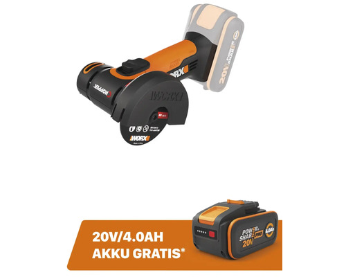 Akku-Mini-Winkelschleifer CHOPPER WORX 20V 76mm WX801.9 + GRATIS Zugabeartikel 20V Akku WA3644 (4,0Ah)