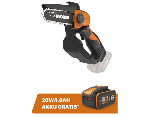 Akku Astsäge/Minikettensäge/Gehölzschneider WORX 20V 12cm WG324E.9 + GRATIS Zugabeartikel 20V Akku WA3644 (4,0Ah)