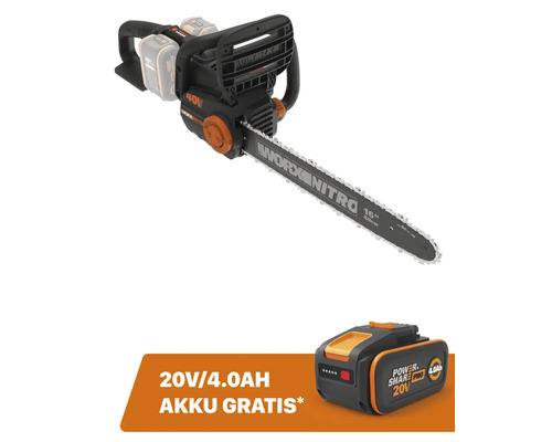 Akku-Kettensäge WORX Nitro 40V (2 x 20V) 40cm WG385E.9, Brushless Motor + GRATIS Zugabeartikel 20V Akku WA3644 (4,0Ah)