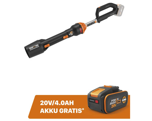 Akku-Laubbläser WORX Nitro 20V 209km/h WG543E.9, Brushless Motor + GRATIS Zugabeartikel 20V Akku WA3644 (4,0Ah)