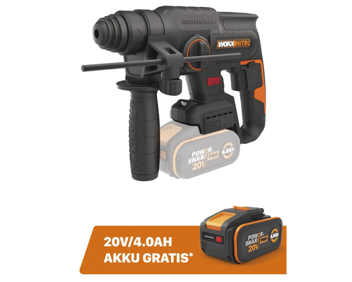 Akku-Bohrhammer WORX Nitro 20V 2 Joule WX381.9,Brushless Motor + GRATIS Zugabeartikel 20V Akku WA3644 (4,0Ah)