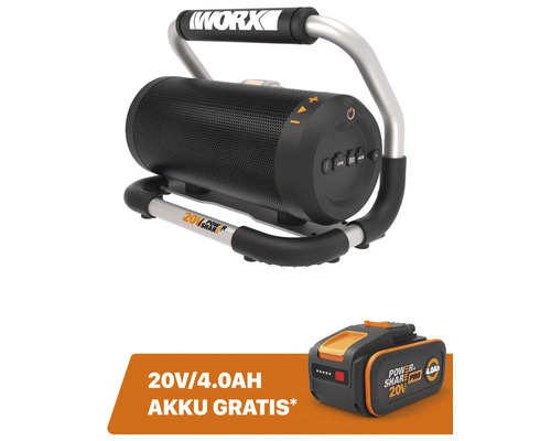 Akku-Lautsprecher WORX 20V Aux-in und USB WX009.9 + GRATIS Zugabeartikel 20V Akku WA3644 (4,0Ah)