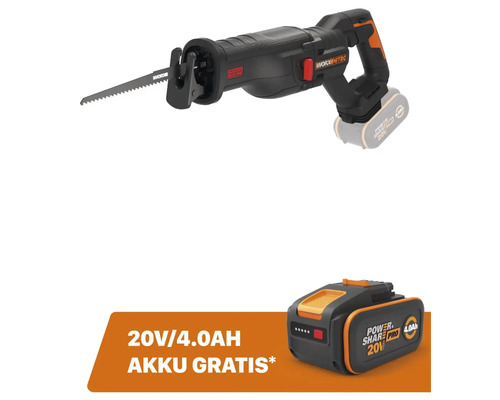 Akku-Säbelsäge WORX Nitro 20V WX516.9, Brushless Motor + GRATIS Zugabeartikel 20V Akku WA3644 (4,0Ah)