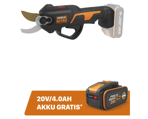 Akku-Astschere WORX Nitro 20V 22mm WG330E.9, Brushless Motor + GRATIS Zugabeartikel 20V Akku WA3644 (4,0Ah)