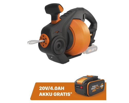 Akku-Rohrreinigungsspirale WORX 20V 7mm/7,6m WX891.9 + GRATIS Zugabeartikel 20V Akku WA3644 (4,0Ah)