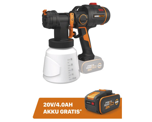 Farbsprühgerät Worx WX020.9 + GRATIS Zugabeartikel 20V Akku WA3644 (4,0Ah)