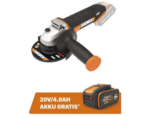 Akku-Winkelschleifer WORX 20V 125mm WX803.9 + GRATIS Zugabeartikel 20V Akku WA3644 (4,0Ah)