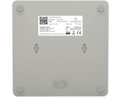 Smart Home Gateway mit QR-Code, MAC-Adresse, Modellnummer und Herstellerinformationen.