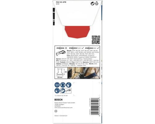 Verpackungsinformationen für Bosch Werkzeugzubehör, einschließlich Starlock Kompatibilität und Produktdimensionen.