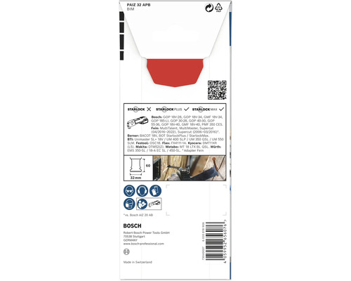 Verpackung einer Bosch Stichsägeblattaufnahme mit Informationen zu Kompatibilität und Abmessungen.