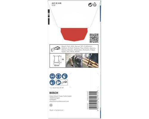 Verpackung eines Bosch AIZ 32 AIB BIM Sägeblatts mit Größenangaben, Anwendungsbeispielen und Logos verschiedener Werkzeugmarken