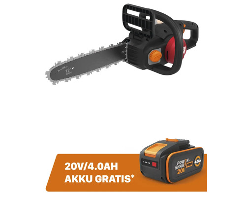 Akku-Kettensäge WORX Nitro 20V 30cm WG350E.9, Brushless Motor + GRATIS Zugabeartikel 20V Akku WA3644 (4,0Ah)