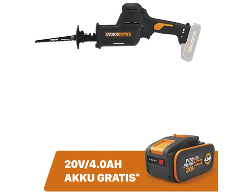 Akku - Säbelsäge Worx Nitro 20 V 2 Ah + GRATIS Zugabeartikel 20V Akku WA3644 (4,0Ah)