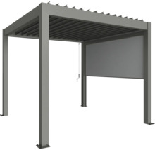 Graue Pergola mit ausfahrbarem Seitenteil für den Außenbereich.