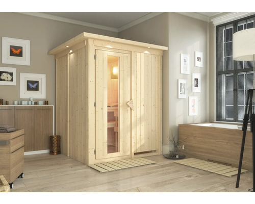 Plug & Play Sauna Karibu Achat I ohne Ofen mit Dachkranz und Holztüre mit Isolierglas wärmegedämmt Plug & Play Sauna Karibu Achat I ohne Ofen mit Dachkranz und Holztüre mit Isolierglas wärmegedämmt