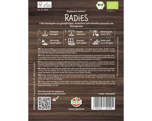 Verpackung Radieschen Microgreens Keimpads mit Anbauhinweisen