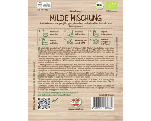 Sperli Milde Mischung BIO Keimsaat Packung mit Anweisungen