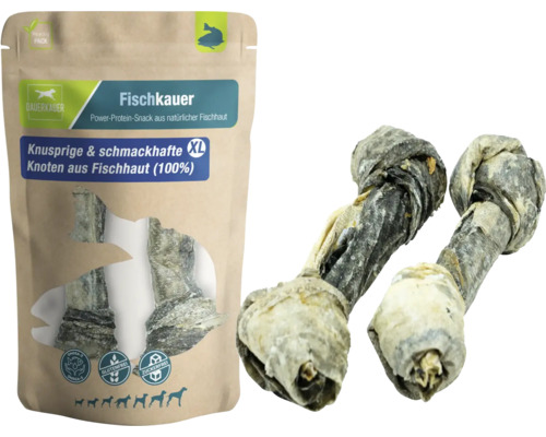 Hundesnack DAUERKAUER Fischkauer XL Fischhaut Knoten, 2 Stück, ca. 180 g Zahnpflege, Stressabbau für Hunde , Kauartikel