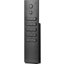 Schwarze Fernbedienung mit Tasten zur Steuerung von elektronischen Geräten.