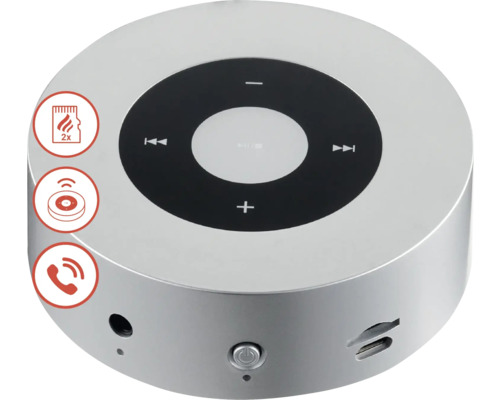 Silberner, runder Lautsprecher mit Bedienelementen, Speicherkartensymbol, Bluetooth Symbol und Anrufsymbol